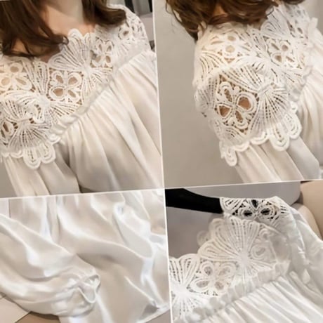 レディース シフォン レースブラウス シフォンレースシャツ チュニック 体型カバー 刺繍 レースアップ ゆったり 韓国ファッション (DCT-567410160244)