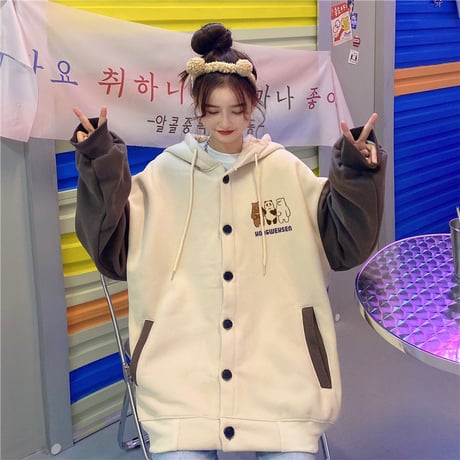 フード付き ブルゾン パーカー 月輪熊 パンダ 白熊 プラスベルベット アウター オーバーサイズ 韓国ファッション レディース ガーリー カジュアル ストリート系 DTC-630016028692