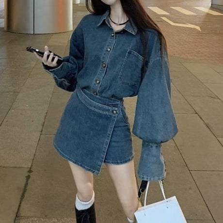 セットアップ 上下セット デニムシャツ デニムスカパン アシンメトリー アシメ ショートパンツ ハイウエスト 長袖 ルーズ レトロ 大人可愛い ガーリー カジュアル DTC-742722493272