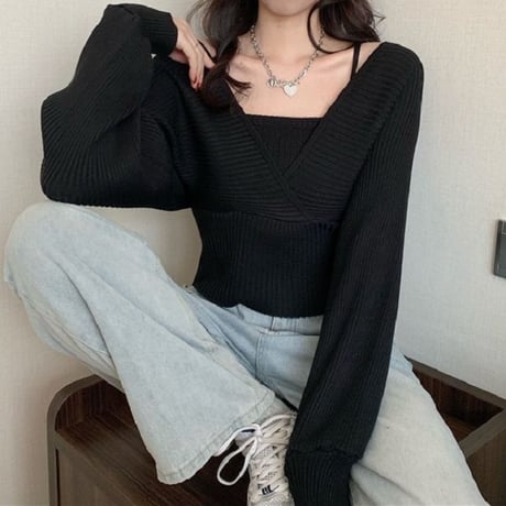 リブニット フェイクレイヤード ルーズ 長袖 セーター 韓国ファッション レディース ニット ゆったり 大人可愛い ガーリー DTC-653558986383