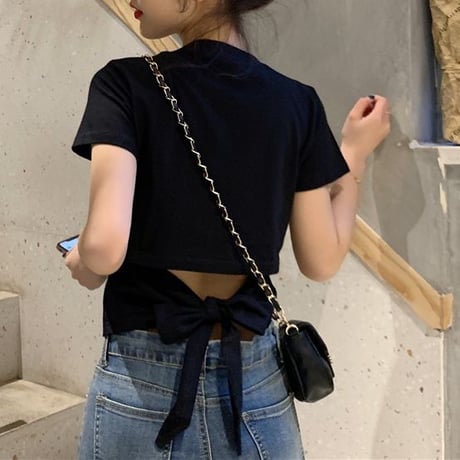 バックリボン tシャツ バックレス ウエスト見せ ショート丈 クルーネック 半袖 トップス レトロ 大人可愛い ガーリー カジュアル DTCA-732666685652