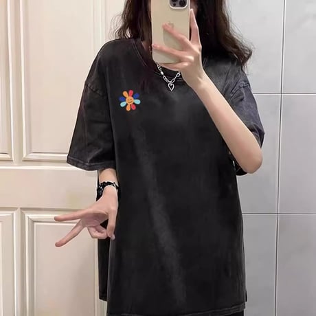 ユニセックス tシャツ ウォッシュ加工 スマイリー デイジー プリント ヴィンテージ風 トップス 半袖 オーバーサイズ カジュアル ストリート男子 ストリート女子 DTCA-747198653553