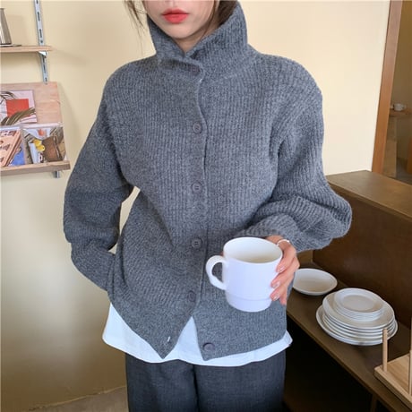 リブニット カーディガン ハイネック セーター ショート丈 リブ編み ルーズ アウター 韓国ファッション レディース レトロ 大人可愛い ガーリー DTC-655657524056