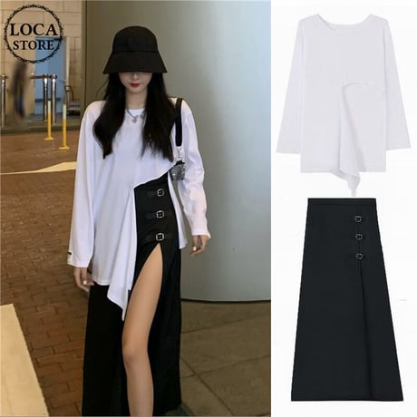 2点セット 不規則 Tシャツ 長袖 ＋ ロングスカート スリット バックル 韓国ファッション レディース セットアップ Tシャツ スカート 大人可愛い ガーリー DTC-626234293153
