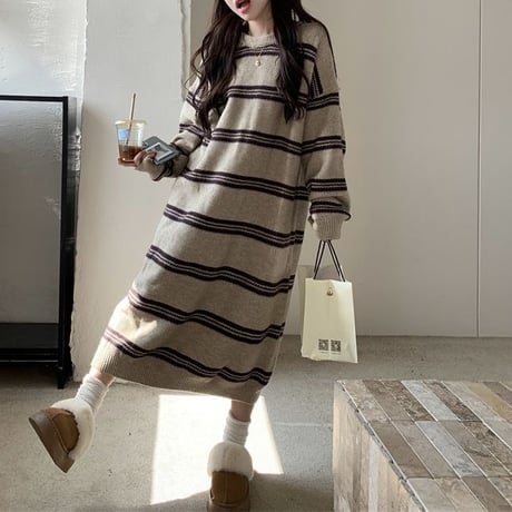 ボーダー柄 ニットワンピース ゆったりウエスト ロング丈 ニット ゆったり ルーズ 長袖 レトロ 韓国ファッション レディース 大人可愛い ガーリー DTC-743606336928