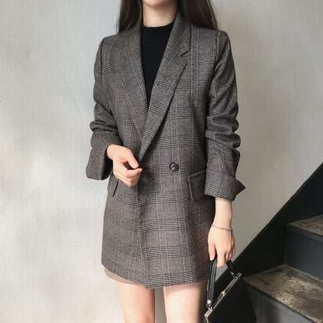 グレンチェック テーラードジャケット ショートコート 韓国ファッション レディース ジャケット ダブルブレスト アウター ゆったり 大人可愛い ガーリー DTC-624837807769