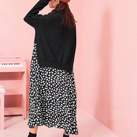 レディース ドッキングワンピース サイドスリット レイヤード風 ニット ロング丈 長袖 フェミニン 韓国ファッション オルチャン (DCT-577605333922)