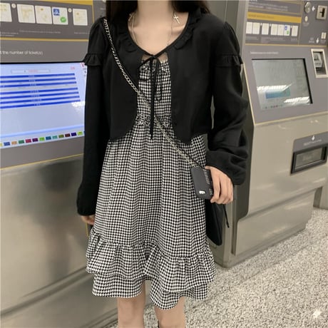 セットアップ ボレロ キャミワンピース 千鳥格子柄 チェック柄 ハイウエスト 2点セット 長袖 レトロ 韓国ファッション レディース 大人可愛い ガーリー DTC-644393055166
