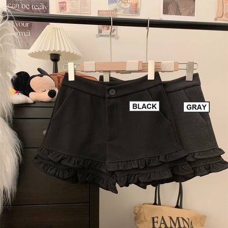フリル ショートパンツ フェイクウール ハイウエスト スリム Aライン ショートボトム 秋 冬 レトロ 韓国ファッション レディース 大人可愛い ガーリー DTCA-873635337938