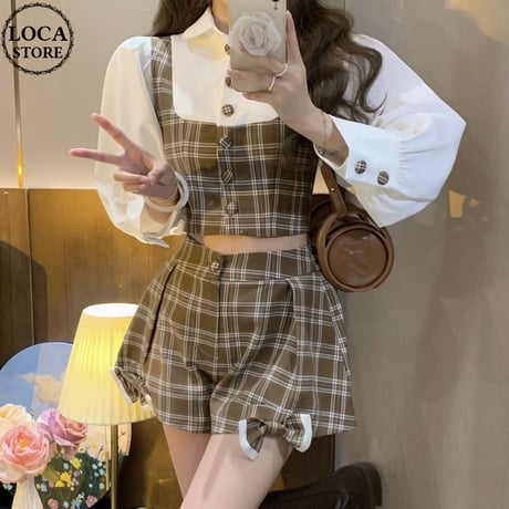 セットアップ チェック柄 フェイクレイヤードトップス ショートパンツ バルーンスリーブ ボタン リボン レトロ 韓国ファッション レディース 大人可愛い ガーリー DTC-682982915477