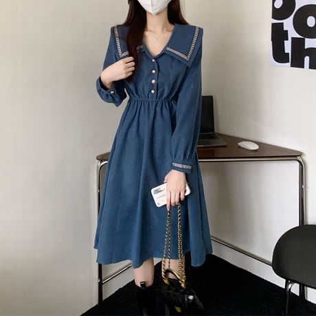 襟付き ワンピース フロントボタン ロング丈 ウエストゴム 長袖 ハイウエスト レトロ 韓国ファッション レディース 大人可愛い ガーリー DTC-657688440052
