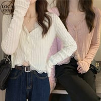 【2カラー】 ショート丈 シャツ カーディガン レース スリムフィット Vネック ブラウス 薄手 長袖 レトロ 韓国ファッション レディース 大人可愛い ガーリー DTCA-738502620844