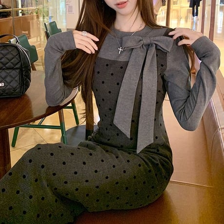 フェイクレイヤード ロングワンピース フェイクツーピース リボンタイ付き カットソー ドット柄ワンピース スリムフィット 長袖 レトロ 大人可愛い ガーリー DTC-865203893747