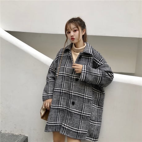 チェックコート シングルブレスト 韓国 ファッション レディース コート チェック柄 アウター ウールコート シングルブレスト レトロ (DTC-603665766891)
