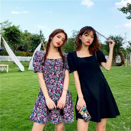 ワンピース 無地 花柄 スクエアネック 韓国ファッション レディース バブルスリーブ パフ袖 Aライン ミニ丈 ラウンドネック ガーリー レトロ DTC-618973128730