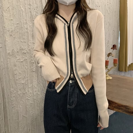 【4カラー】 フード付き ニットカーディガン ニットパーカー 配色ライン ジップアップ リブ編み 長袖 韓国ファッション レディース 大人可愛い ガーリー カジュアル DTC-656199441917