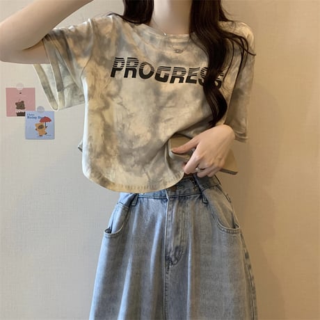 タイダイ柄 Tシャツ ショート丈 ロゴ 半袖 ルーズ レトロ カジュアル 韓国ファッション レディース 大人可愛い ガーリー DTC-767804771620