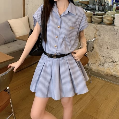 ストライプ柄 シャツワンピース 半袖 プリーツ ショート丈 ミニワンピース Aライン ワンピース レトロ 大人可愛い ガーリー 韓国ファッション レディース DTC-793096900642