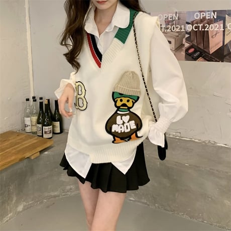 ニットベスト Vネック 不規則デザイン マガモ マルチカラー ルーズ シンプル レトロ 韓国ファッション レディース ガーリー カジュアル DTC-666231453890