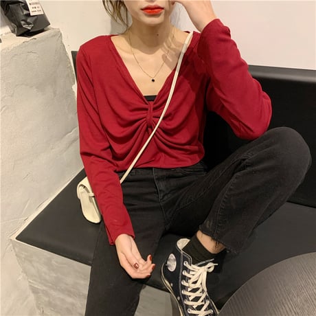 【トップス】 4カラー 長袖 ルーズ 韓国ファッション レディース Tシャツ Vネック 大人可愛い かわいい ガーリー 613845488299