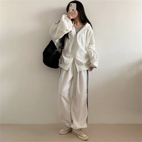 セットアップ 上下セット スウェット サイドライン ダブルジップ パーカー パンツ ジャージ ルーズ レトロ 大人可愛い ガーリー カジュアル DTCA-858330931501