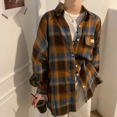チェック柄 シャツ オーバーサイズ チェックシャツ ポロカラー ロング丈 長袖 レトロ 韓国ファッション レディース 大人可愛い ガーリー カジュアル ストリート系 DTC-657088633339