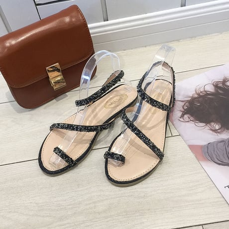 フラットサンダル ラインストーン 22.5～25.0cm ストラップ ぺたんこ サンダル キュート 痛くない かわいい 靴 歩きやすい 韓国ファッション レディース DTC-641834777906
