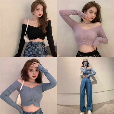 オフショル カットソー 長袖 ショート 韓国ファッション レディース トップス へそ出し Tシャツ オフショルダー Vネック スタイルアップ 大人可愛い ガーリー DTC-625937979040