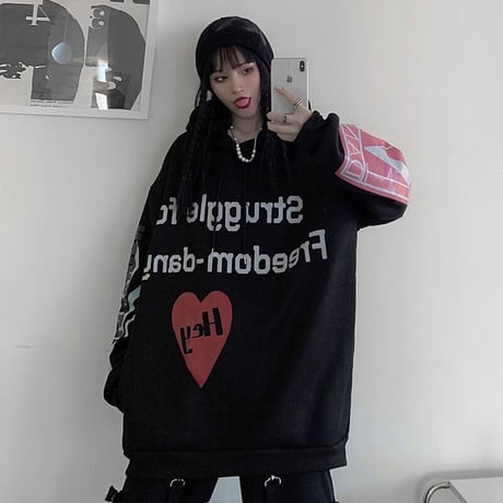 ユニセックス パーカー ハート 英字 袖プリント バックプリント プラスベルベット オーバーサイズ 韓国ファッション 大きめ カジュアル ストリート系 DTC-611075967613_M8-490