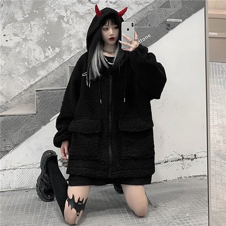 悪魔の角 フード ボアジャケット ボアブルゾン ラムウール 韓国ファッション レディース ボアパーカー ゆったり アウター 大人可愛い ガーリー DTC-630246238892