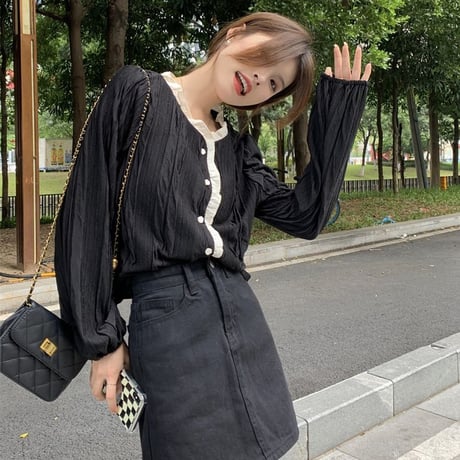 ノーカラー ブラウス シャツ パフスリーブ 長袖 レトロ 韓国ファッション レディース 大人可愛い ガーリー フェミニン DTC-666933822296