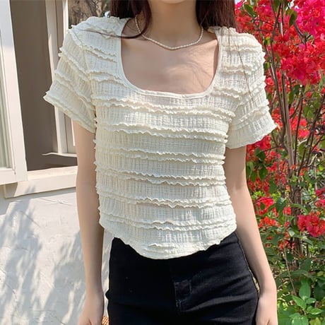 tシャツ ラウンドヘム 半袖 スクエアネック フリル ショート丈 トップス 薄手 レトロ 韓国ファッション レディース 大人可愛い ガーリー DTC-704922275965