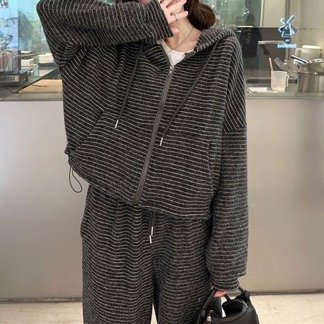 セットアップ 上下セット フリース ボーダー柄 ジップアップ パーカー ポケッ トワイドパンツ ジャージ ルーズ レトロ 大人可愛い ガーリー カジュアル DTCA-865292473430