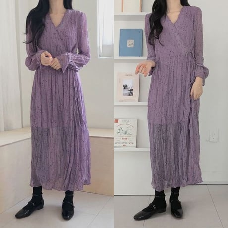 レディース ドット柄 ロングワンピース 無地 ヴィンテージ風 Vネック 韓国ファッション オルチャン (DCT-584813222187)