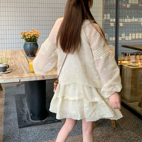 フェイクレイヤード ワンピース レース フリル ミニワンピース ゆったりウエスト Aライン 長袖 レトロ 韓国ファッション レディース 大人可愛い ガーリー DTC-769341141605