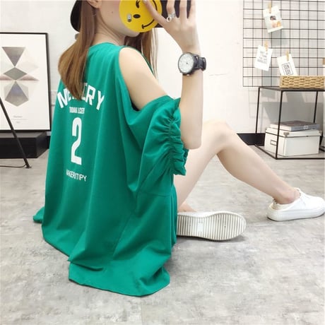 レディース ゆったり 肩出し 肩開き Tシャツ 半袖 チュニック オフショルダー 韓国ファッション オルチャン (DCT-676336915183)
