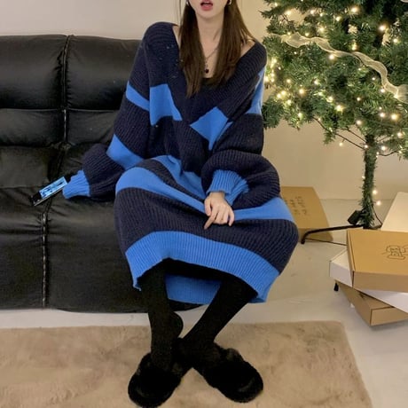 ボーダー柄 ニットワンピース Vネック オフショルダー ロング丈 長袖 ルーズウエスト レトロ 韓国ファッション レディース カジュアル 大人可愛い ガーリー DTC-663068830182