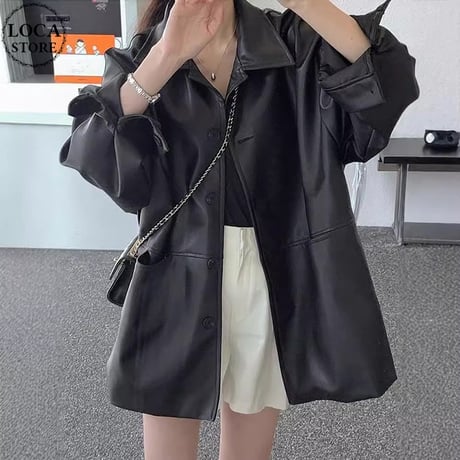 PU レザージャケット フェイクレザー アウター PUレザー ショートコート ライトアウター オーバーサイズ ゆったり レトロ 大人可愛い ガーリー カジュアル DTCA-832709432105