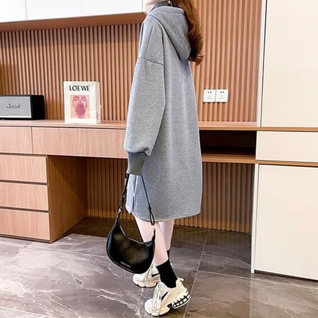 フェイクレイヤード パーカー プルオーバー 裏起毛 ロング丈 フード付き スウェット ワンピース ルーズ 長袖 秋 冬 レトロ 大人可愛い ガーリー カジュアル DTC-749423286319