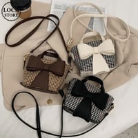 2WAY ハンドバッグ ショルダーバッグ ミニバッグ 千鳥格子 リボン チェック柄 バッグ 鞄 レトロ ホワイト ブラック ブラウン DTC-631010281178