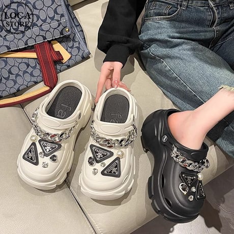 2way 厚底 サンダル 22.0～25.0cm ビジュー チェーン スリッパ ビーチサンダル 厚底サンダル トレンド 韓国ファッション レディース DTC-703753329040