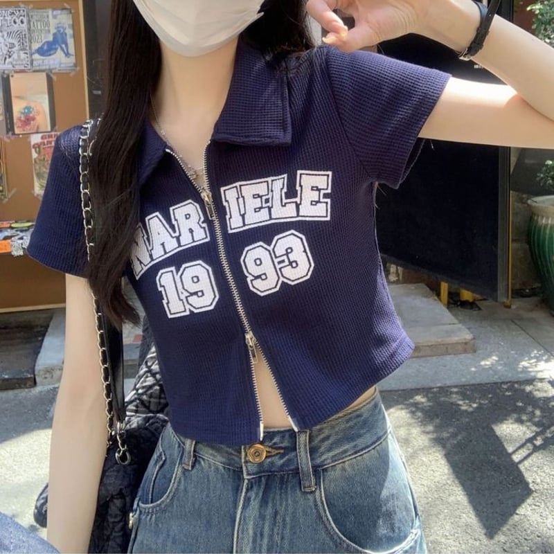 ダブルジップ ワッフル トップス 襟付き Tシャツ クロップド丈
