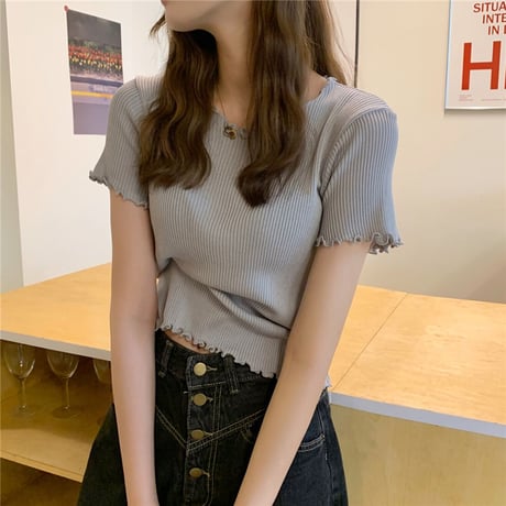 ウェーブヘム リブニット サマーニット Tシャツ 半袖 ラウンドネック トップス 韓国ファッション レディース カットソー シンプル 大人可愛い ガーリー DTC-639423318201