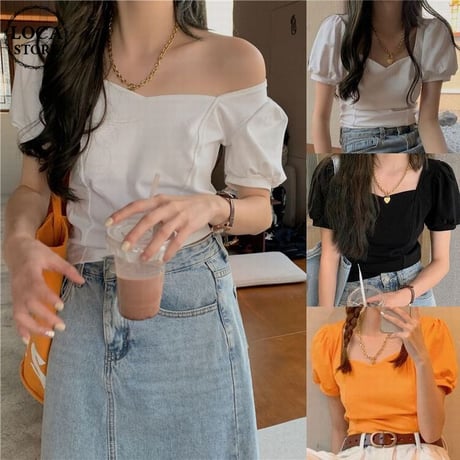 クロップド丈 スクエアVネック 2way Tシャツ 半袖 へそ出し パフ袖 オフショルダー 韓国ファッション レディース ショート丈 大人可愛い ガーリーDTC-641346468077)