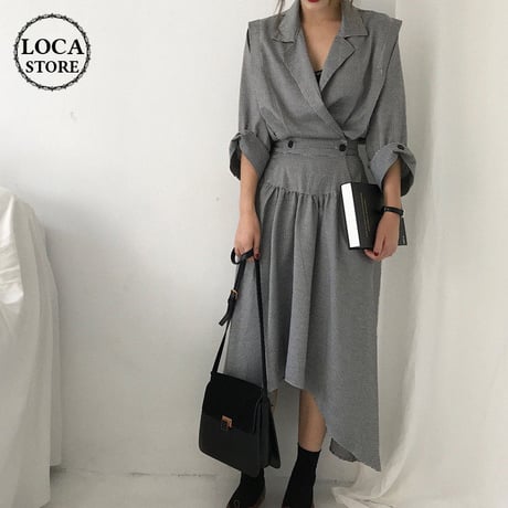 レディース チェック柄 ワンピース 長袖 ハイウエスト イレヘム ロング丈 秋冬 韓国 韓国ファッション (DCT-599731855970)
