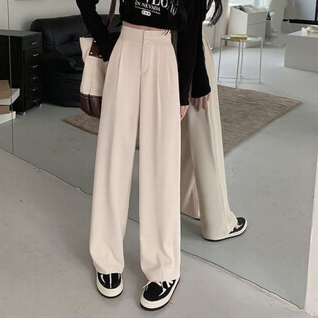 ワイドパンツ ストレートパンツ パンツ タック スラックス ハイウエスト シンプル レトロ 韓国ファッション レディース 大人可愛い ガーリー DTC-666705107446