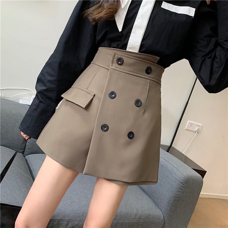 ショートパンツ スカート風 ダブルボタン ハイウエスト ショーパン 韓国ファッション レディース 大人可愛い ガーリー フェミニン DTC-655174488463