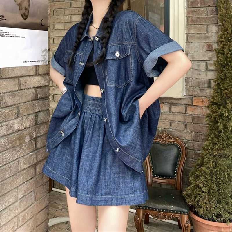 セットアップ デニム シャツ ショートパンツ カジュアル 長袖 3 セットアップ デニムシャツ デニムショートパンツ 半袖 パンツ