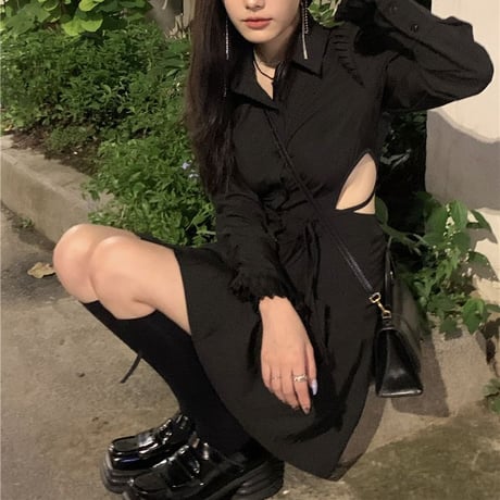 シャツワンピース ウエストカット フリル ワンピース ショート丈 Aライン ハイウエスト 長袖 レトロ 韓国ファッション レディース 大人可愛い ガーリー DTC-745044555284