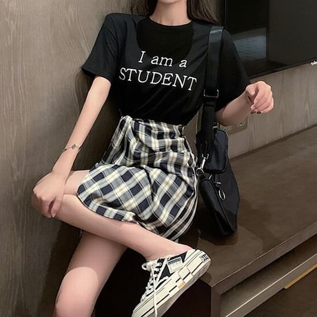 ドッキングワンピース フェイクレイヤード ワンピース Tシャツ チェック柄 ハイウエスト 半袖 韓国ファッション レディース 大人可愛い ガーリー カジュアル DTC-669317161455